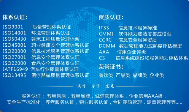 ISO體系認(rèn)證、企業(yè)信用等級證書、各行業(yè)服務(wù)資質(zhì)、各種企業(yè)榮譽(yù)證書、人員證書